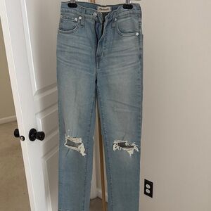 Madewell Light Blue Ripped Jeans - high rise, straight (wider leg) relaxed fit